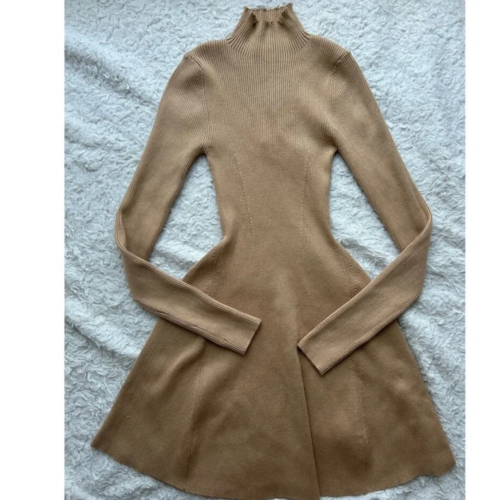 Elegant Tan Knit turtleneck Dress medium NWT